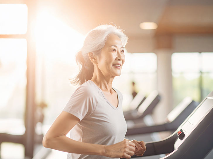ジムのウォーキングマシンで歩くシニア女性