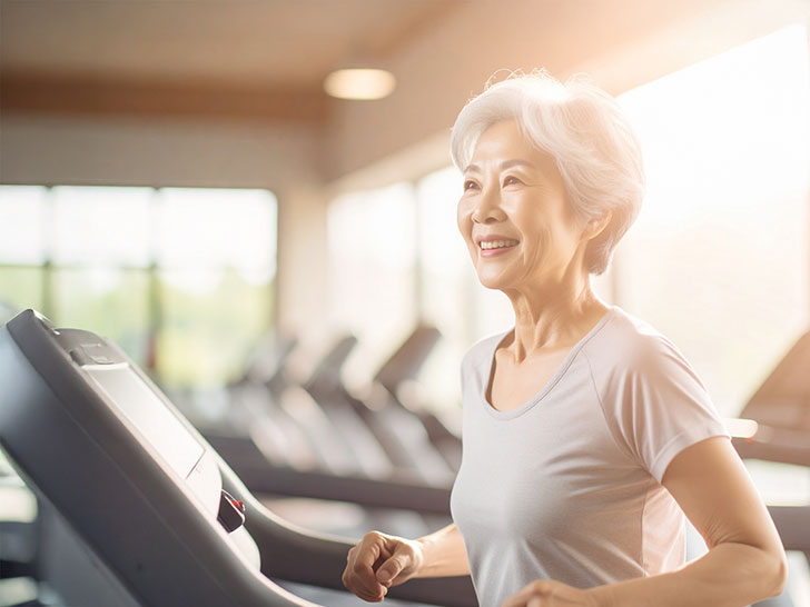 ジムのウォーキングマシンで歩くシニア女性