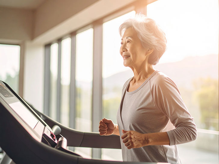 ジムのウォーキングマシンで歩くシニア女性