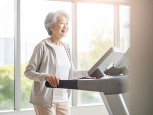ジムのウォーキングマシンで歩くシニア女性