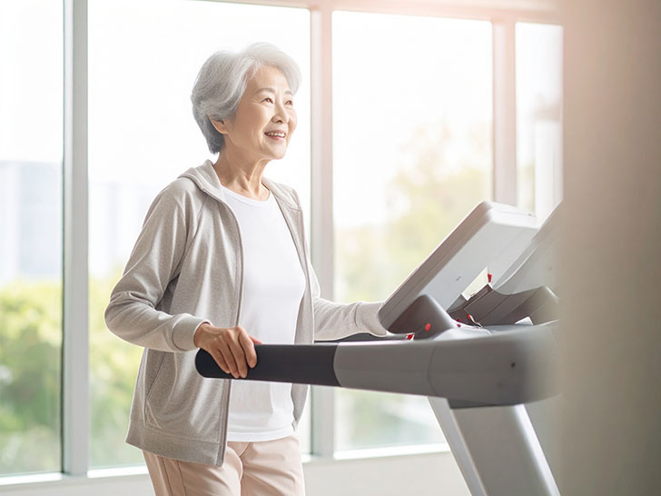 ジムのウォーキングマシンで歩くシニア女性