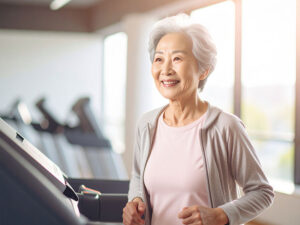 ジムのウォーキングマシンで歩くシニア女性
