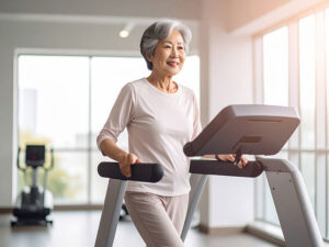 ジムのウォーキングマシンで歩くシニア女性