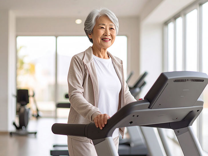 ジムのウォーキングマシンで歩くシニア女性