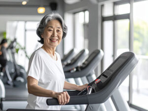 ジムのウォーキングマシンで歩くシニア女性