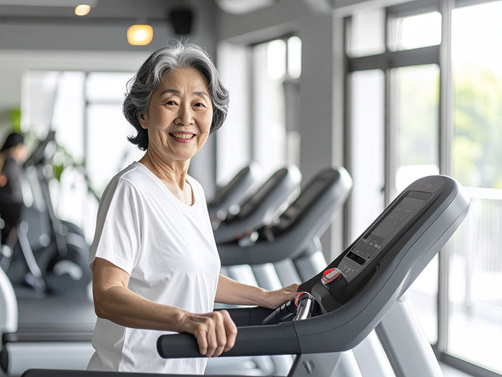 ジムのウォーキングマシンで歩くシニア女性