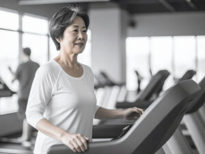ジムのウォーキングマシンで歩くシニア女性