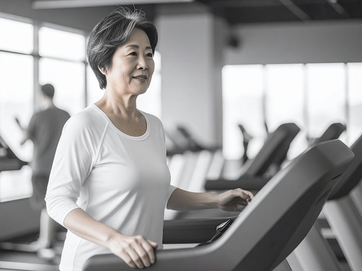 ジムのウォーキングマシンで歩くシニア女性