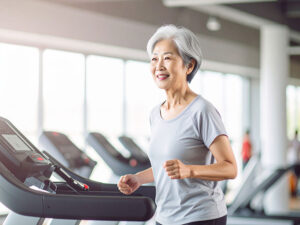ジムのウォーキングマシンで歩くシニア女性