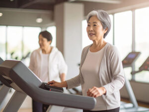 ジムのウォーキングマシンで歩くシニア女性