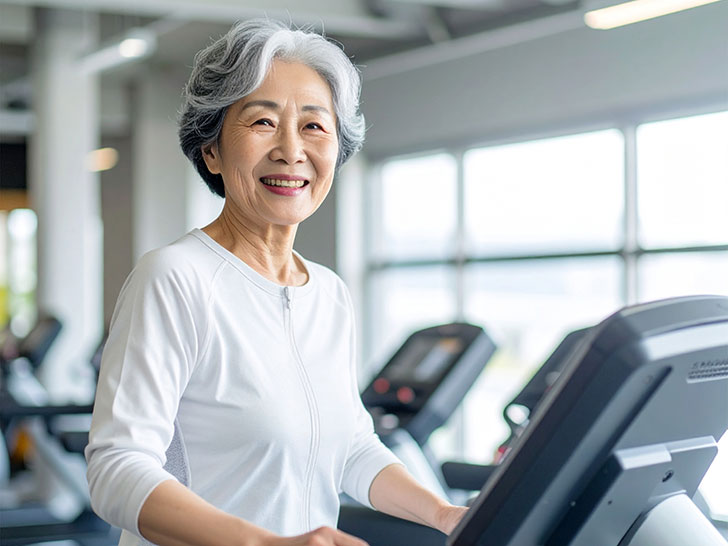ジムのウォーキングマシンで歩くシニア女性