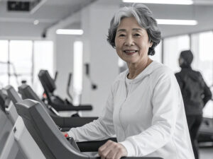 ジムのウォーキングマシンで歩くシニア女性
