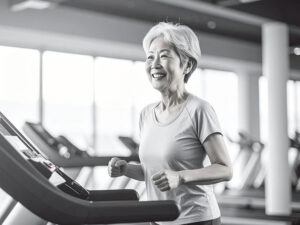 ジムのウォーキングマシンで歩くシニア女性
