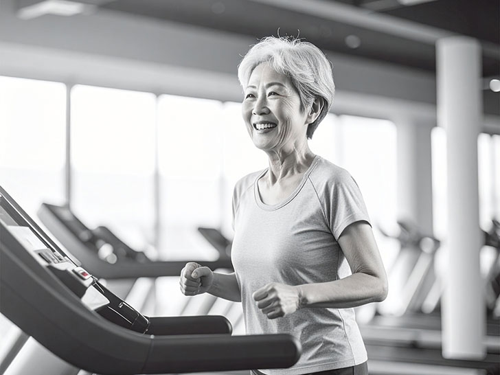 ジムのウォーキングマシンで歩くシニア女性