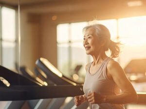 ジムのウォーキングマシンで歩くシニア女性