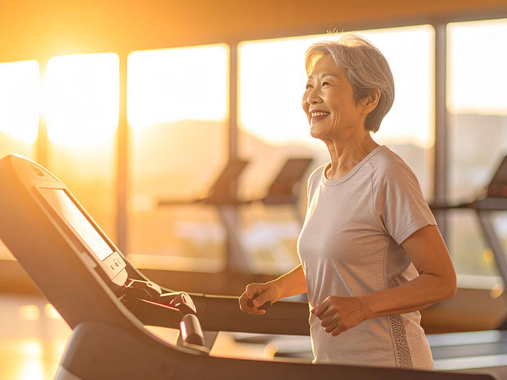 ジムのウォーキングマシンで歩くシニア女性