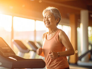 ジムのウォーキングマシンで歩くシニア女性
