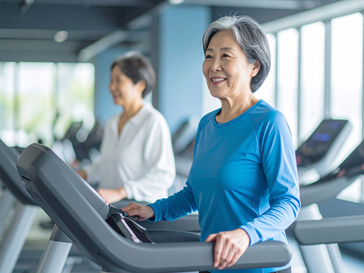 ジムのウォーキングマシンで歩くシニア女性