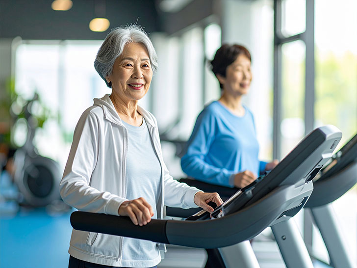 ジムのウォーキングマシンで歩くシニア女性