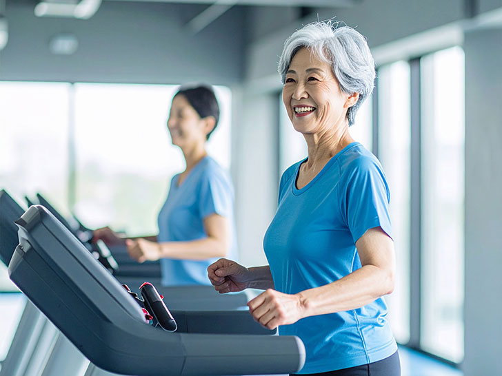 ジムのウォーキングマシンで歩くシニア女性