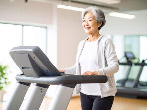 ジムのウォーキングマシンで歩くシニア女性