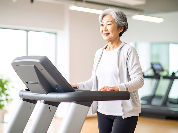 ジムのウォーキングマシンで歩くシニア女性