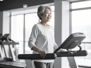 ジムのウォーキングマシンで歩くシニア女性