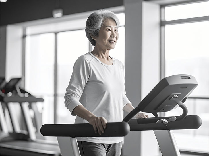 ジムのウォーキングマシンで歩くシニア女性
