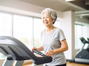 ジムのウォーキングマシンで歩くシニア女性