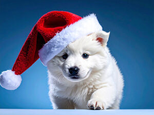 サンタクロースの帽子をかぶった白い子犬