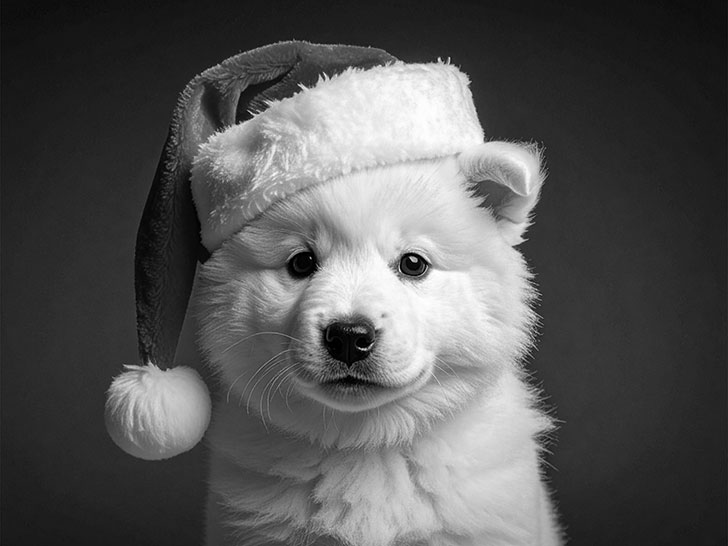 サンタクロースの帽子をかぶった白い子犬