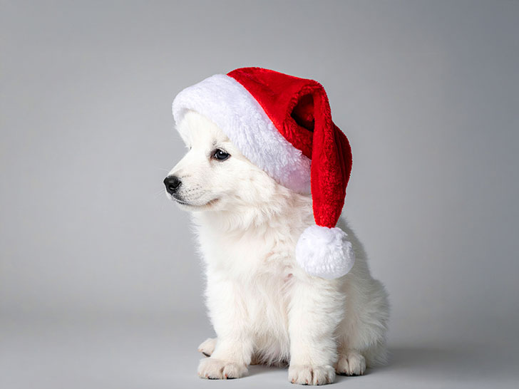 サンタクロースの帽子をかぶった白い子犬
