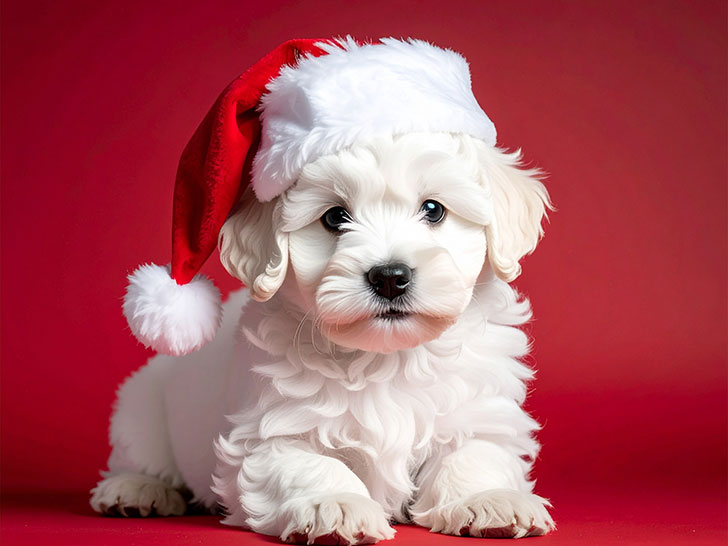 サンタクロースの帽子をかぶった白い子犬