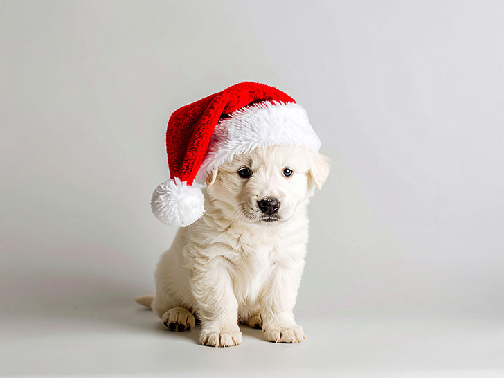 サンタクロースの帽子をかぶった白い子犬