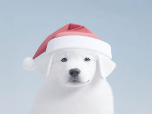 サンタクロースの帽子をかぶった白い子犬