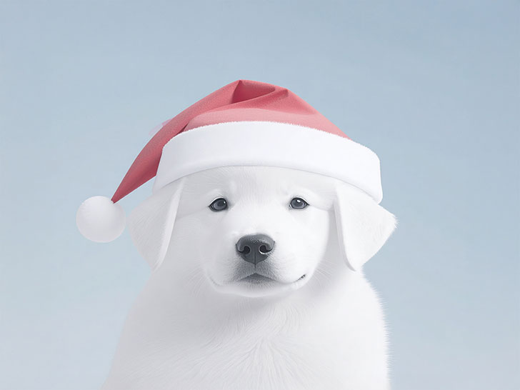 サンタクロースの帽子をかぶった白い子犬