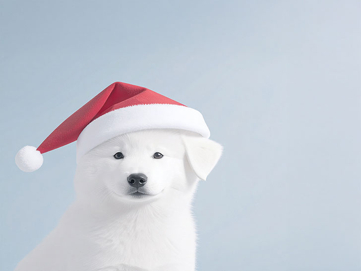 サンタクロースの帽子をかぶった白い子犬