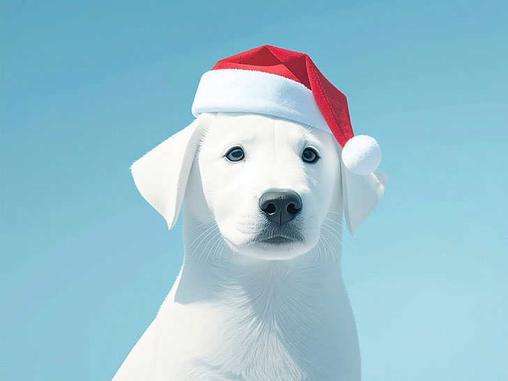 サンタクロースの帽子をかぶった白い子犬