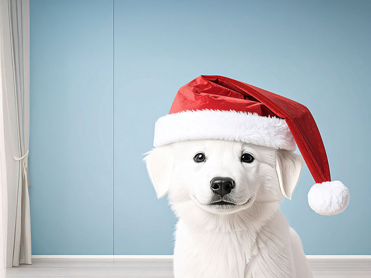 サンタクロースの帽子をかぶった白い子犬