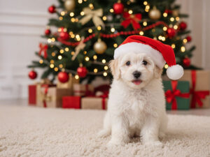 サンタクロースの帽子をかぶった白い子犬