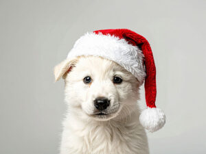 サンタクロースの帽子をかぶった白い子犬