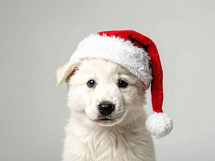 サンタクロースの帽子をかぶった白い子犬