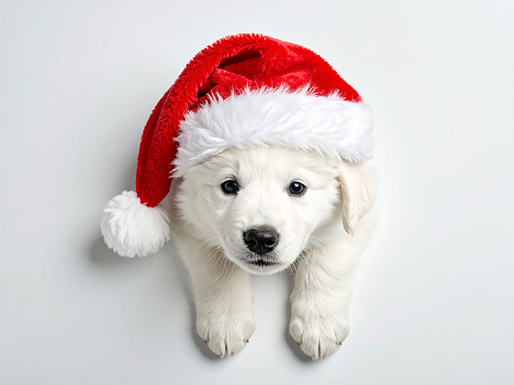 サンタクロースの帽子をかぶった白い子犬