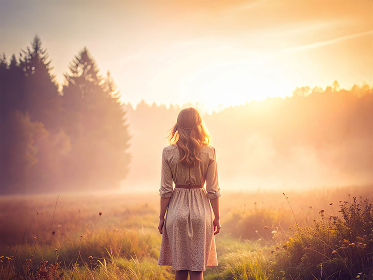 森の中に佇む若い女性の後ろ姿