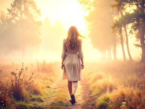 森の中に佇む若い女性の後ろ姿