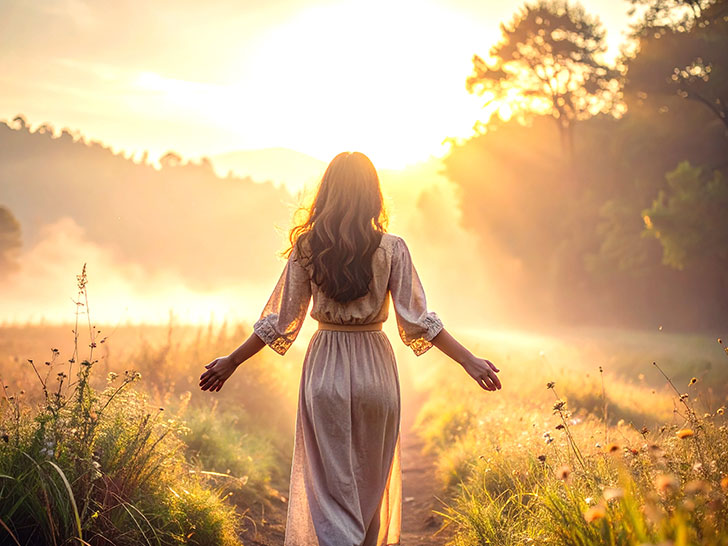 森の中に佇む若い女性の後ろ姿