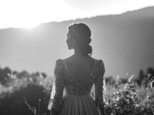 森の中に佇む若い女性の後ろ姿