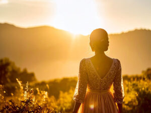 森の中に佇む若い女性の後ろ姿