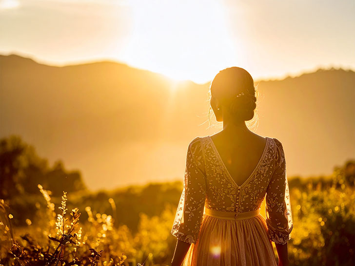 森の中に佇む若い女性の後ろ姿