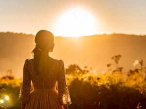 森の中に佇む若い女性の後ろ姿